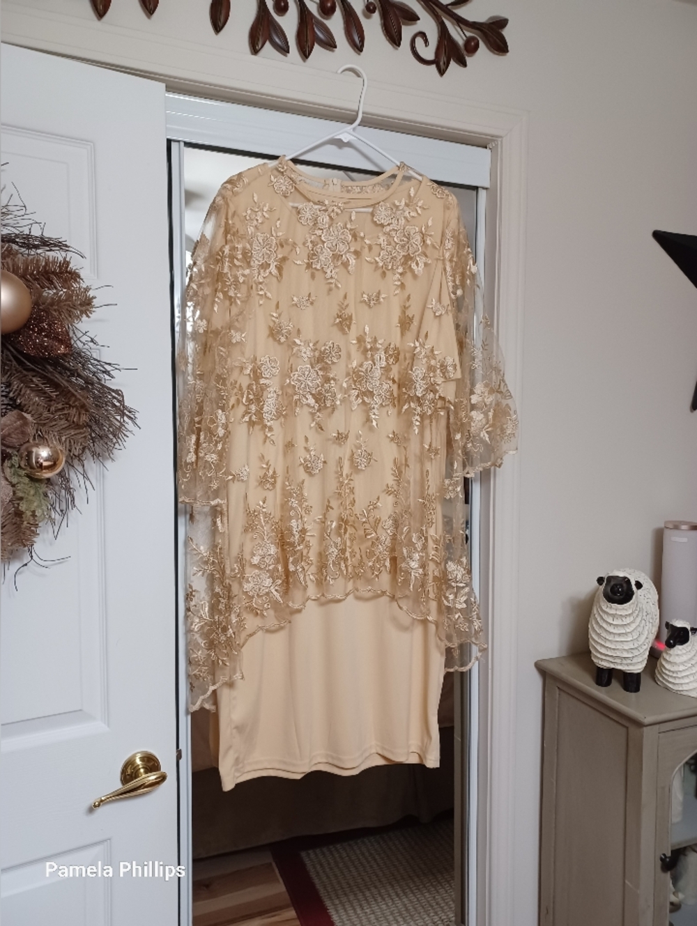 Amazon Women's Cream and Gold Floral Lace Overlay Dress .2 Pieces